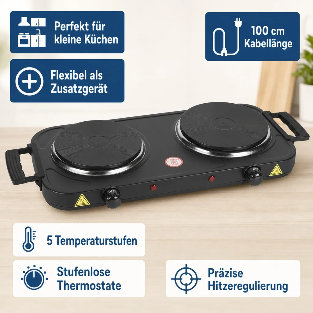 Doppelkochplatte 2000 Watt, schwarz