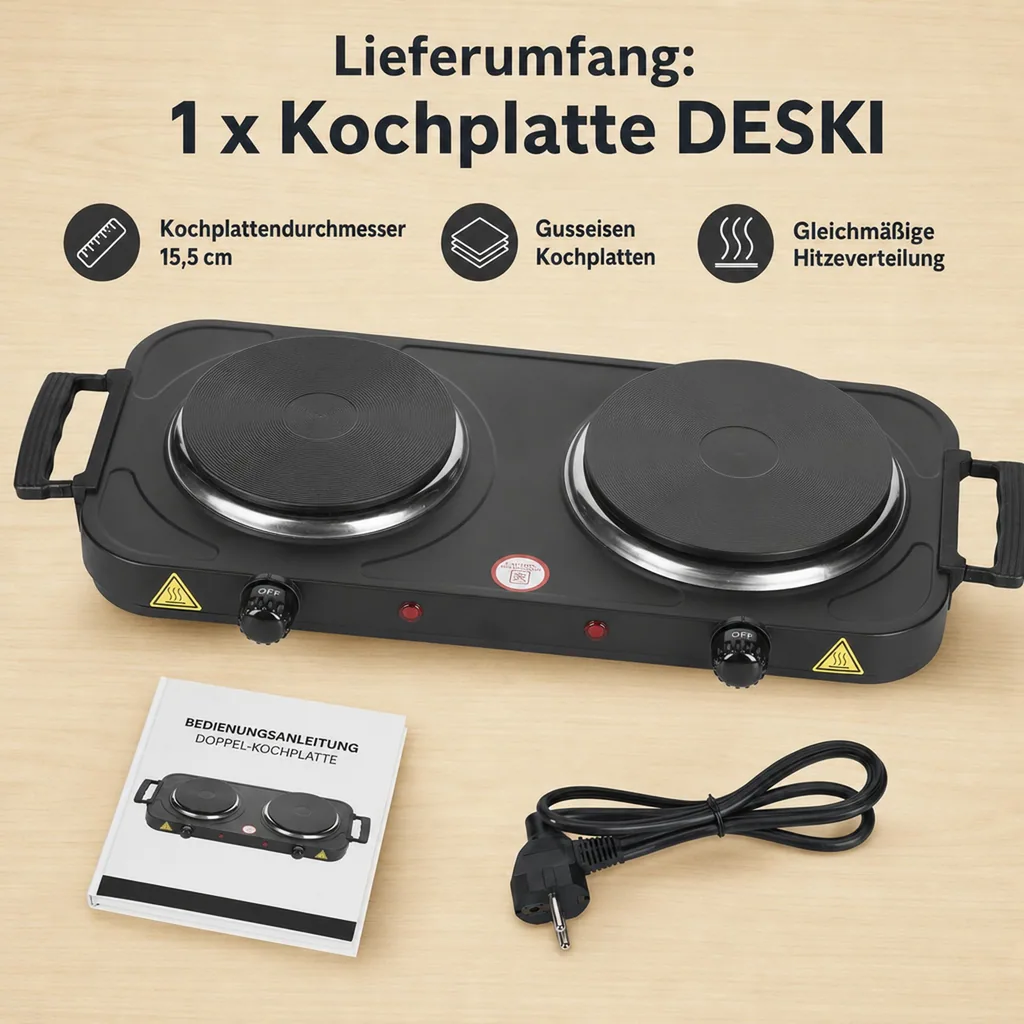 Doppelkochplatte 2000 Watt, schwarz