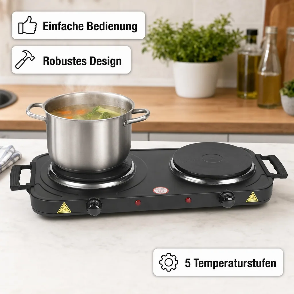 Doppelkochplatte 2000 Watt, schwarz