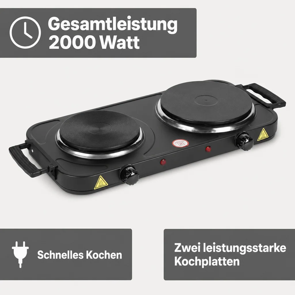 Doppelkochplatte 2000 Watt, schwarz