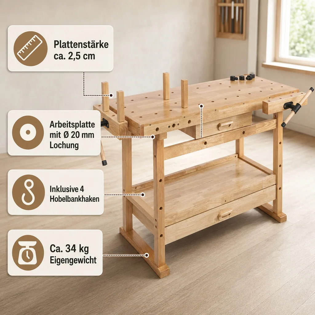 Hobelbank HB2 1220 x 510 x 840 mm (ohne zusätzliche Regale und Klemmen)