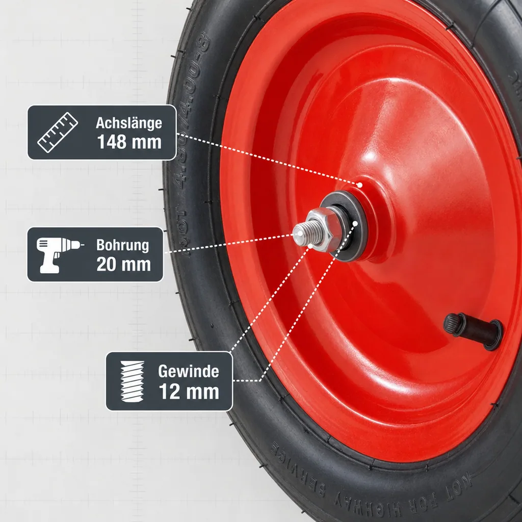 Schubkarrenrad mit Achse, Bohrung 20 mm, Gewinde 12 mm, 1 Stück