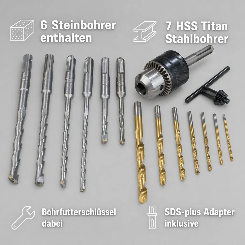 Rundschaft & SDS Bohrer Set inklusive Bohrfutter 15-teilig