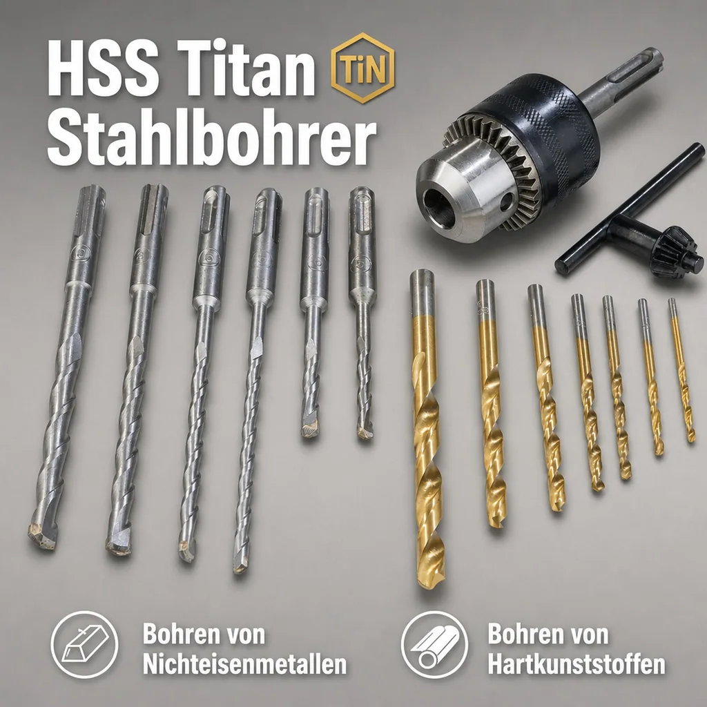 Rundschaft & SDS Bohrer Set inklusive Bohrfutter 15-teilig