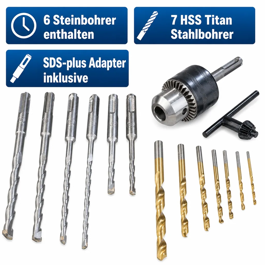 Rundschaft & SDS Bohrer Set inklusive Bohrfutter 15-teilig