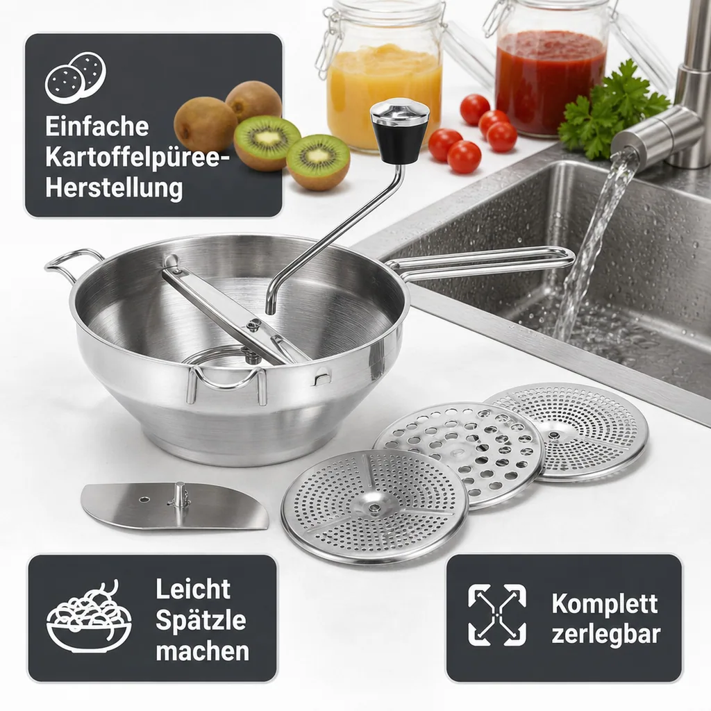Passiermühle mit 3 Einsätzen, Edelstahl