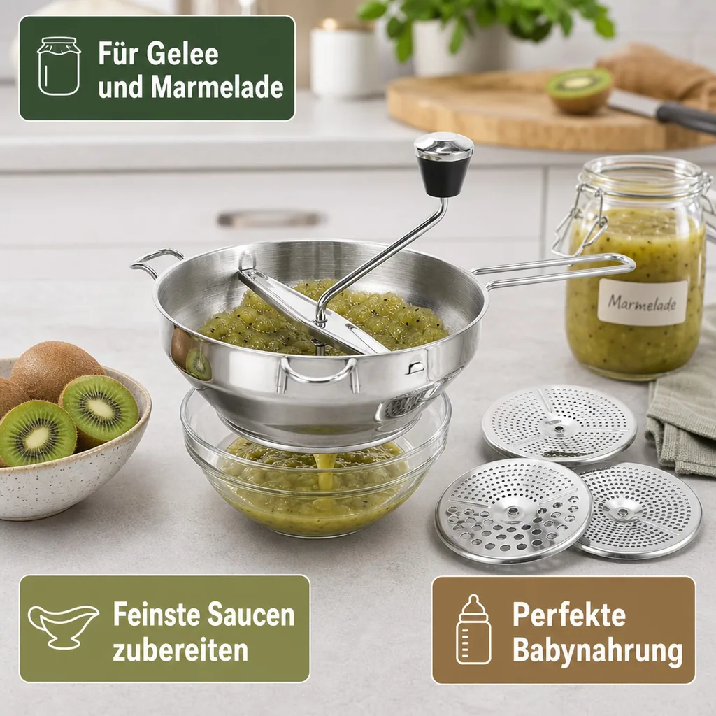 Passiermühle mit 3 Einsätzen, Edelstahl