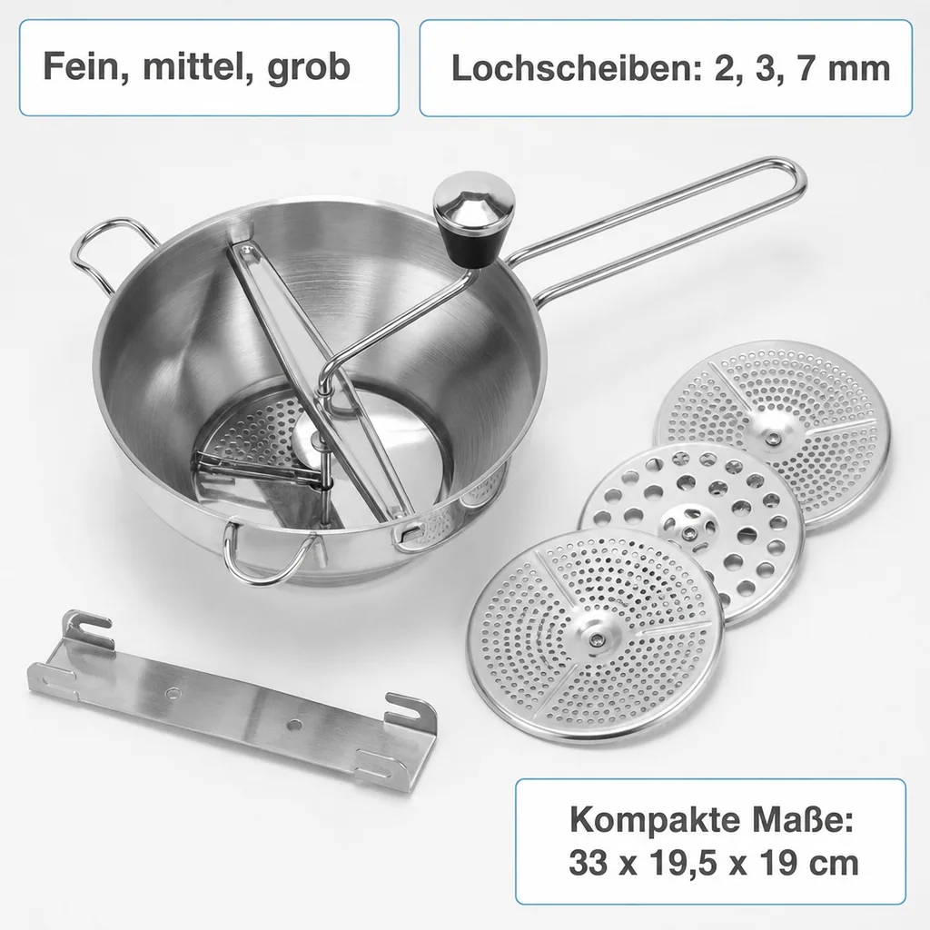 Passiermühle mit 3 Einsätzen, Edelstahl