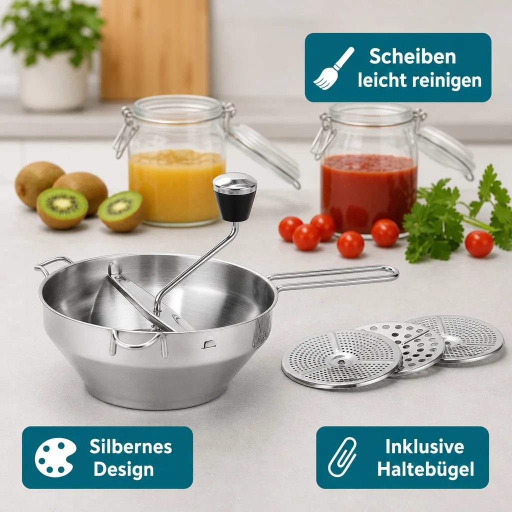 Passiermühle mit 3 Einsätzen, Edelstahl