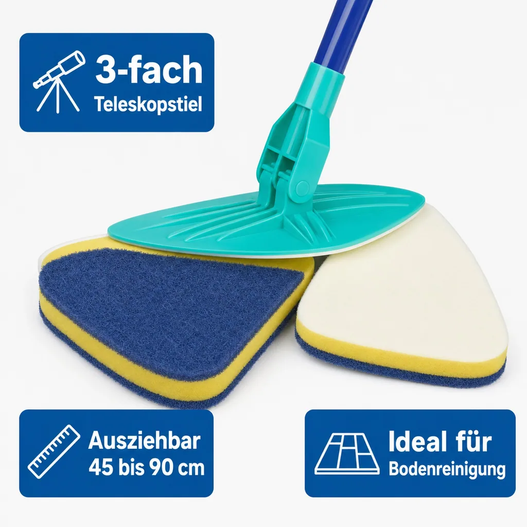 Bad-Wischer, Wischmopp mit Schwammbürste & Teleskopstiel, spezielle Wischform, ausziehbar 45-90 cm