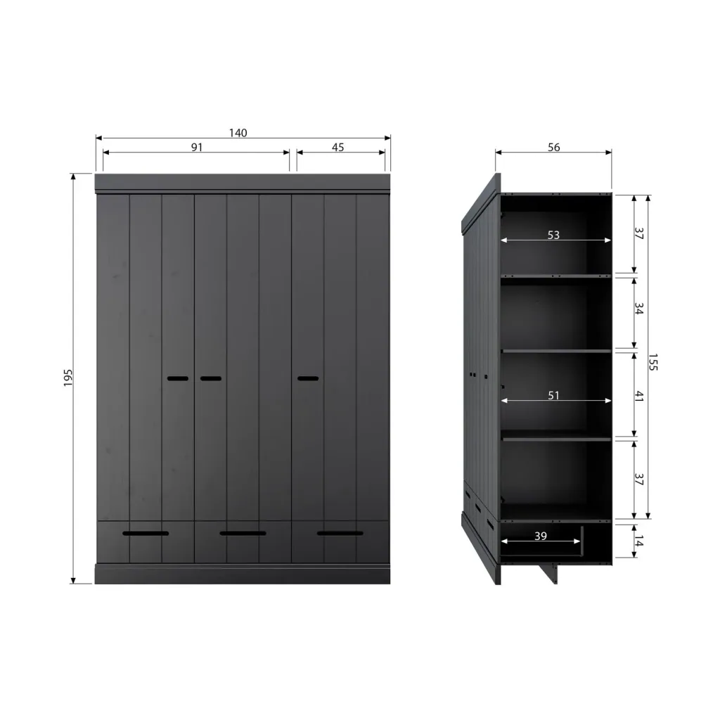 WOOOD - Schrank Connect, 3-türig, mit 3 Schubladen, Kiefer, 195x140x53 cm, Farbe: schwarz