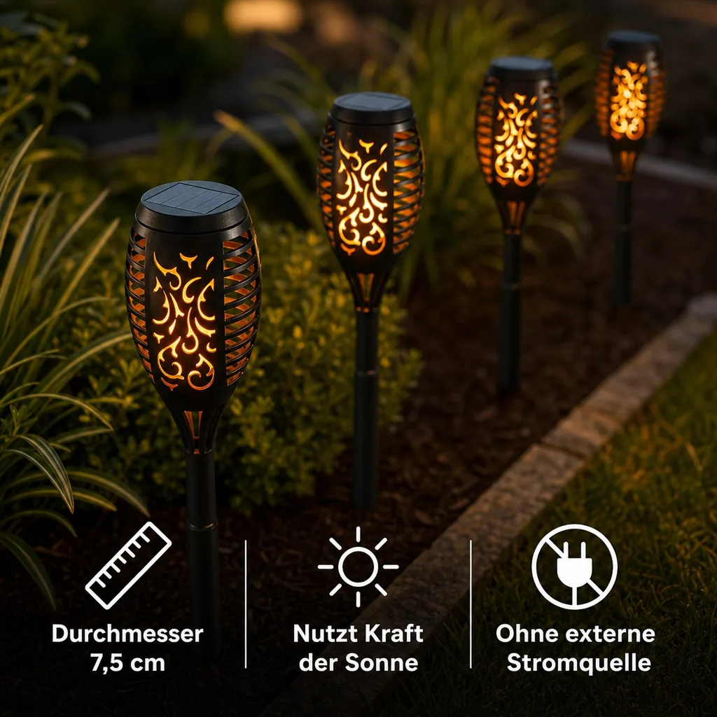 Solar-Gartenstecker "Flame" mit Befestigungshalterung, 4er-Set