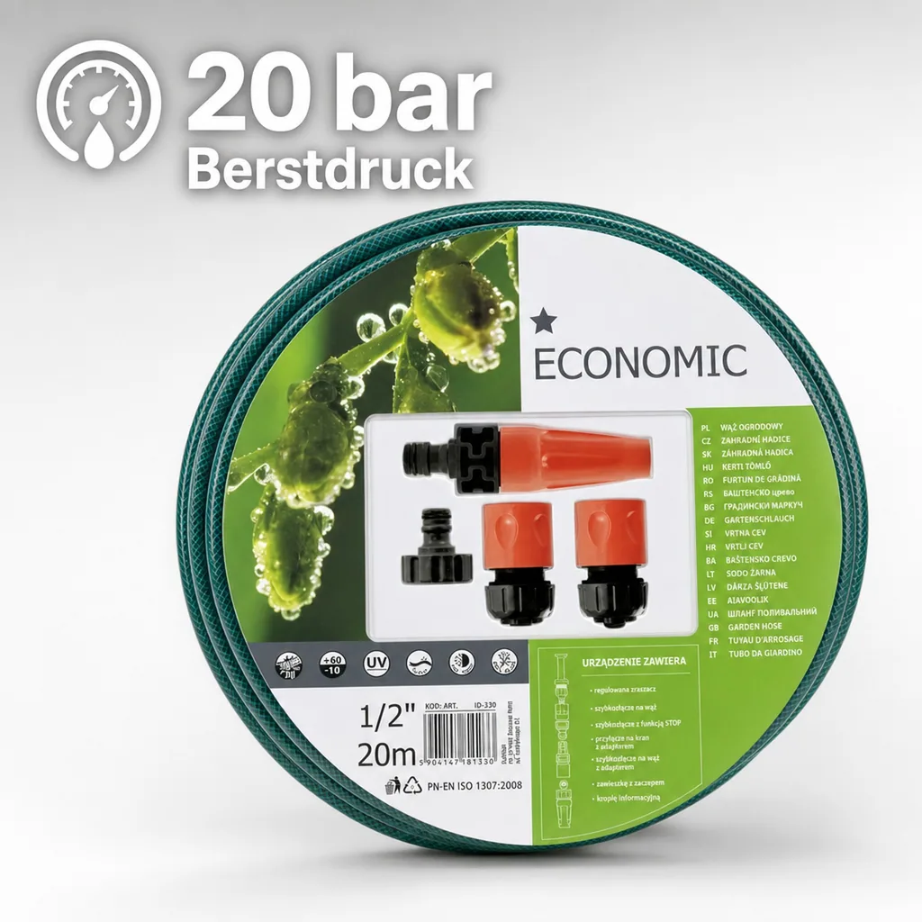 Gartenschlauch 20 m, 1/2", inklusive Spritze