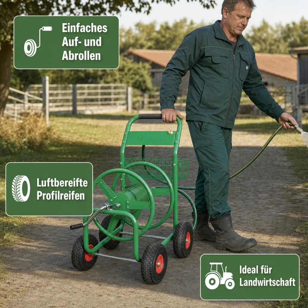Schlauchwagen, 100 m für 3/4" Schlauch, inklusive Ablagekorb