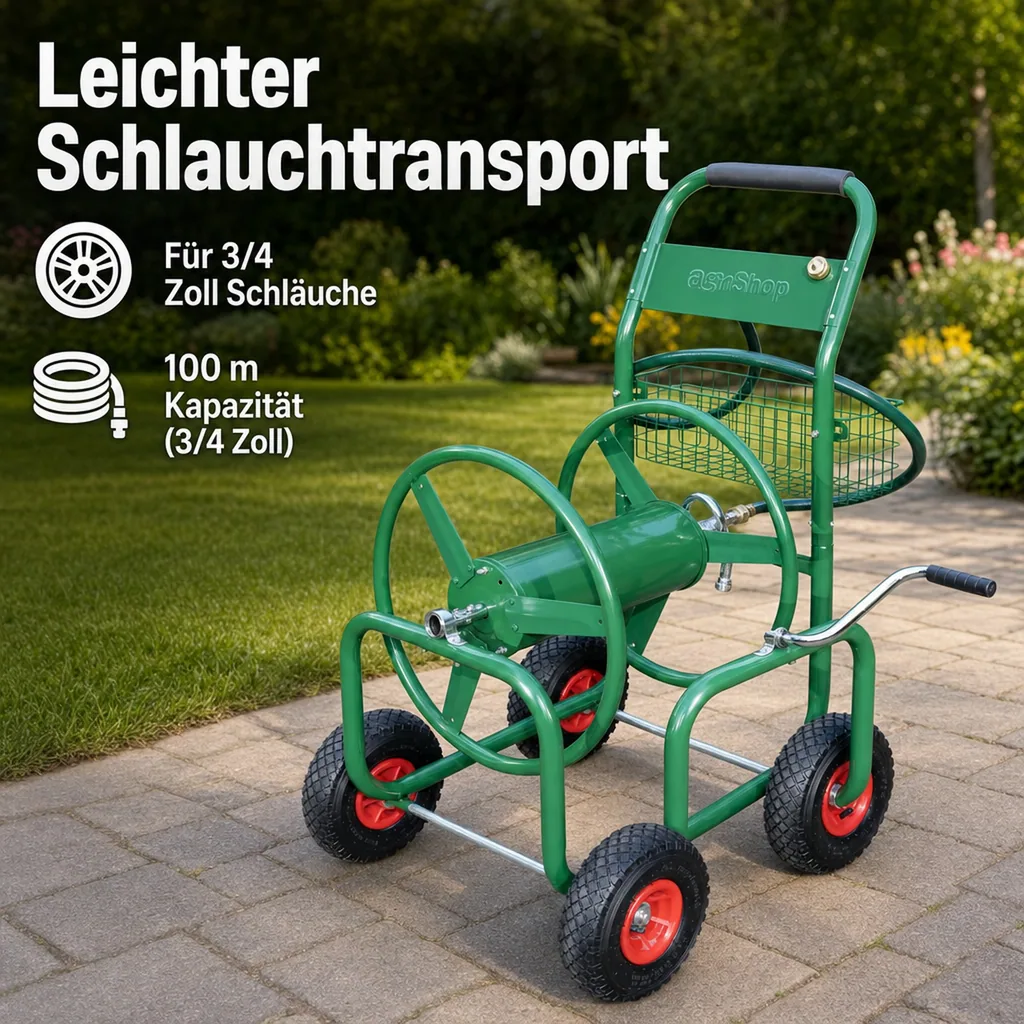 Schlauchwagen, 100 m für 3/4" Schlauch, inklusive Ablagekorb