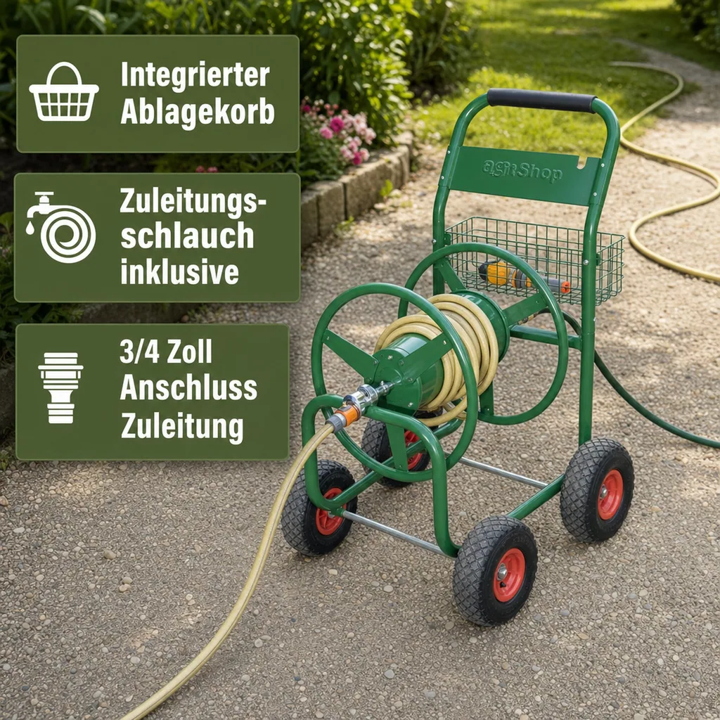 Schlauchwagen, 100 m für 3/4" Schlauch, inklusive Ablagekorb