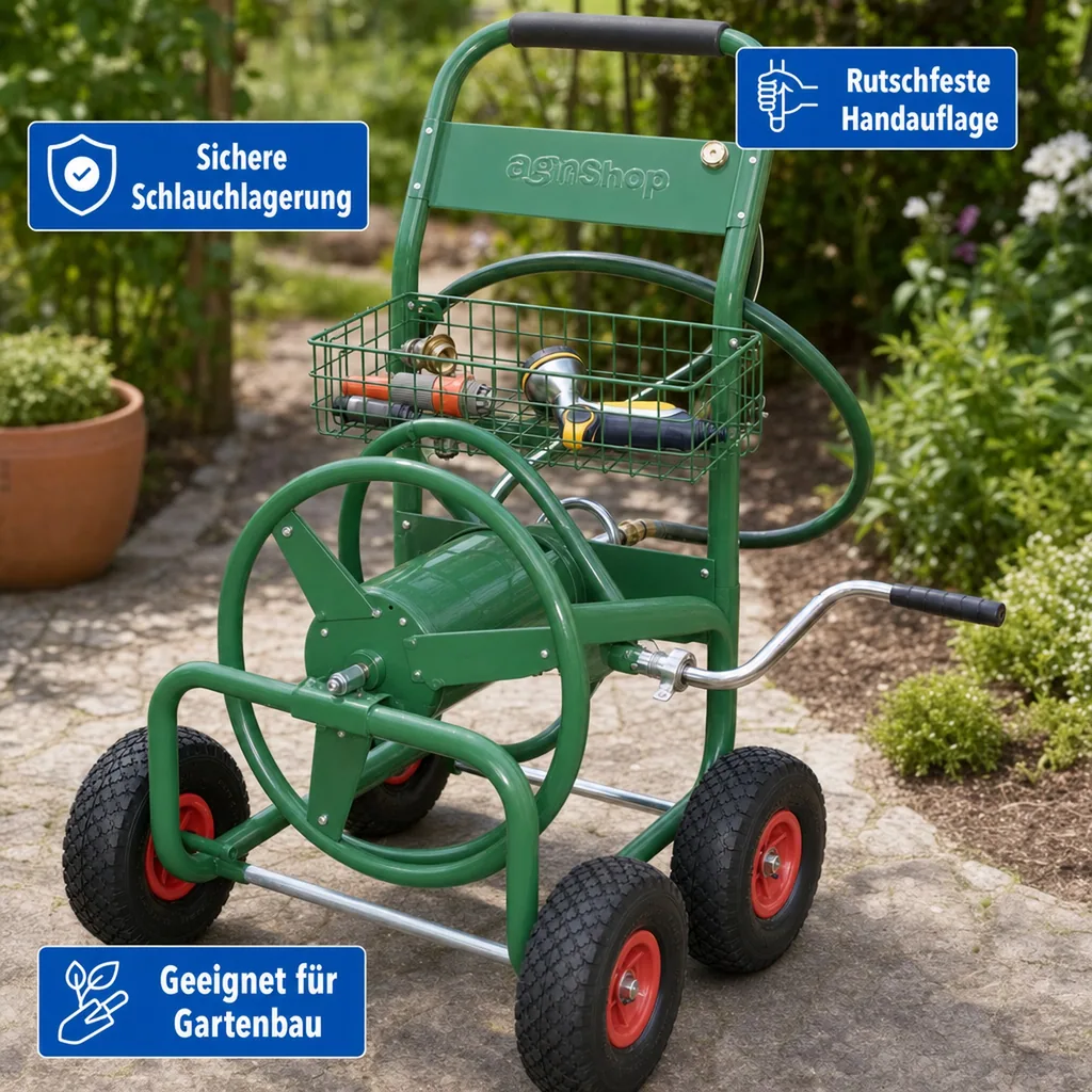 Schlauchwagen, 100 m für 3/4" Schlauch, inklusive Ablagekorb