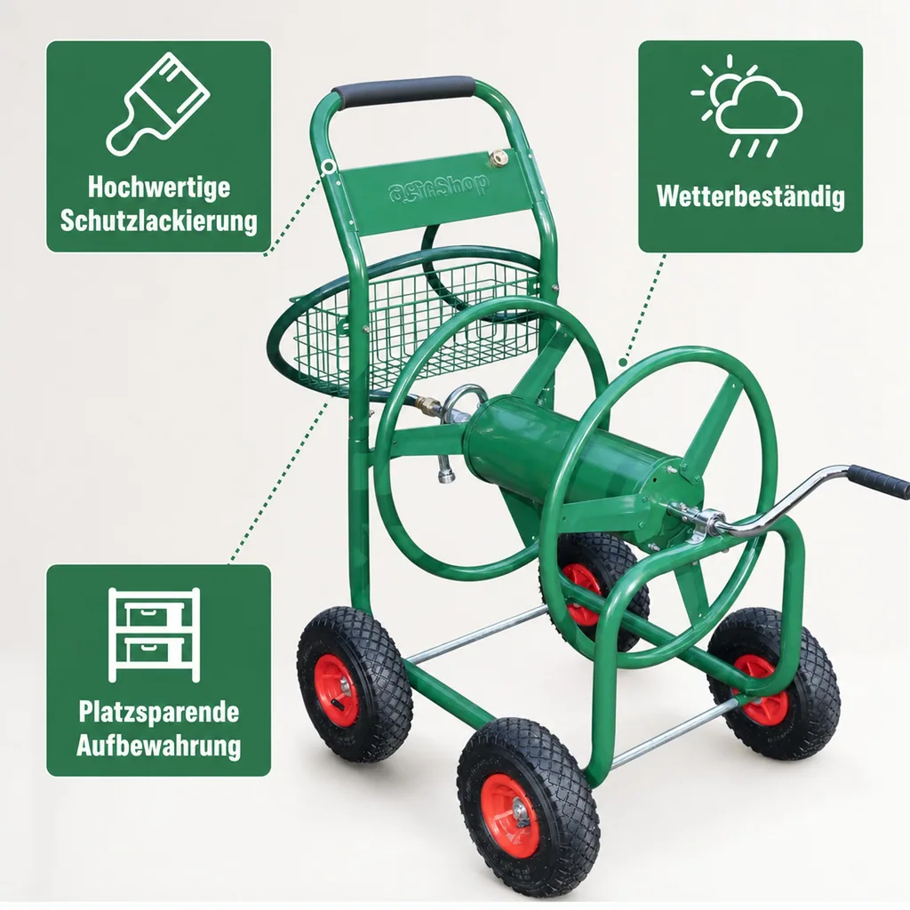 Schlauchwagen, 100 m für 3/4" Schlauch, inklusive Ablagekorb