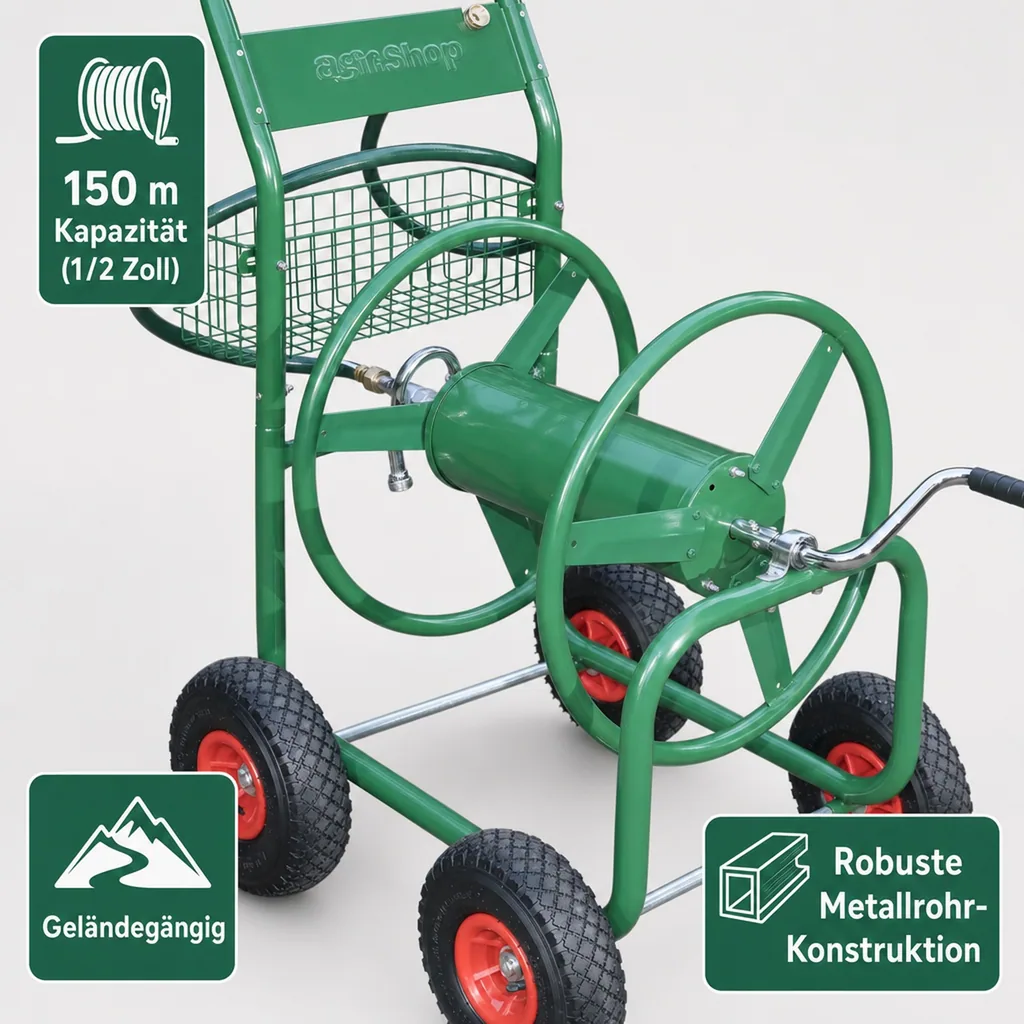 Schlauchwagen, 100 m für 3/4" Schlauch, inklusive Ablagekorb
