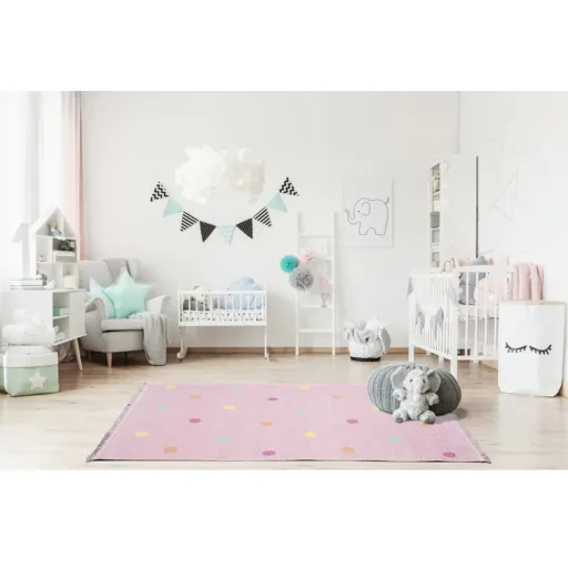 Livone Kinderteppich waschbar rosa Punkte bunt, Teppichgrösse: 140 x 190 cm