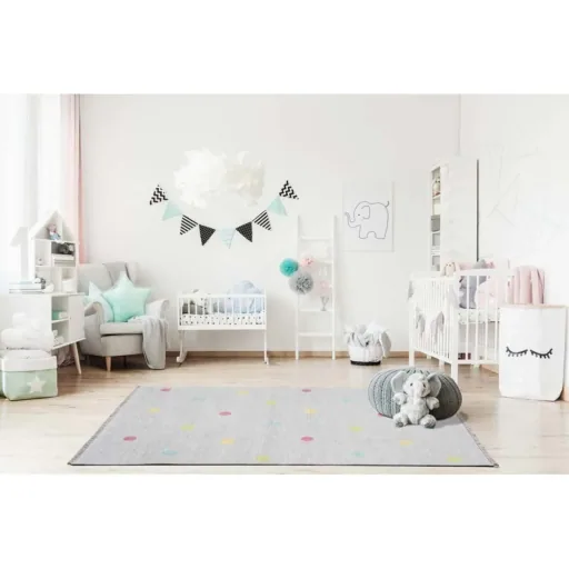 Livone Kinderteppich waschbar silber grau Punkte bunt, Teppichgrösse: 140 x 190 cm