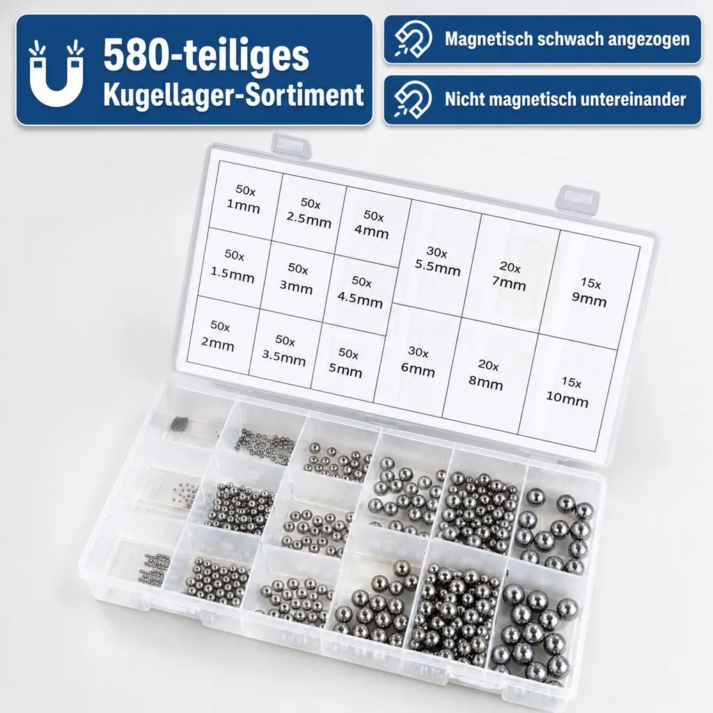 Edelstahl Kugellager-Kugeln Sortiment, 580 teilig