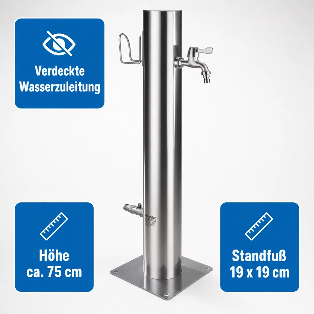 Wasserzapfsäule, inklusive Schlauchhalter + 2 Auslaufhähne, Edelstahl