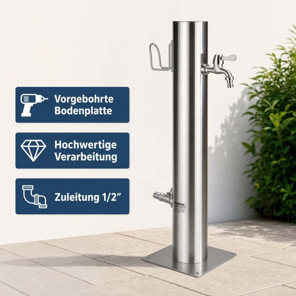 Wasserzapfsäule, inklusive Schlauchhalter + 2 Auslaufhähne, Edelstahl