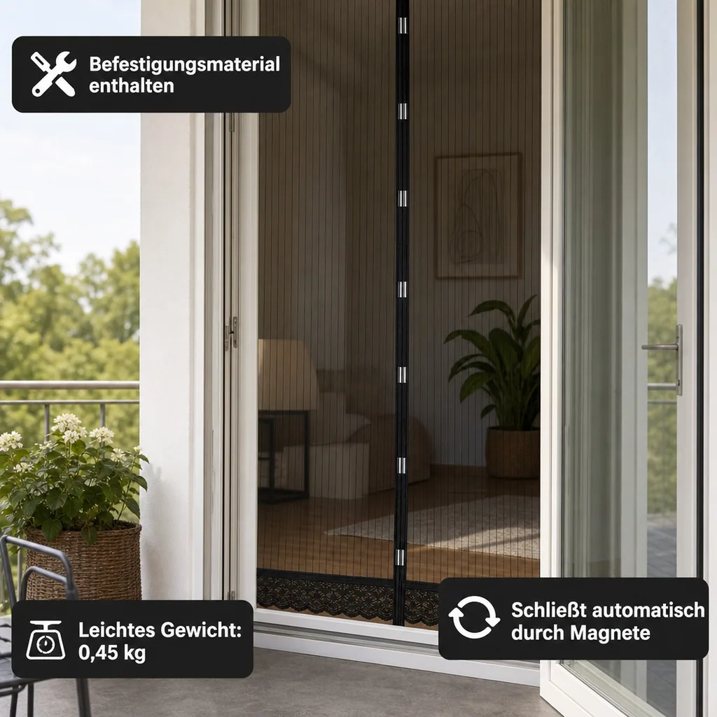Moskitonetz Magic Klick 90 x 210 cm  für Türen, schwarz mit Magnetverschluss