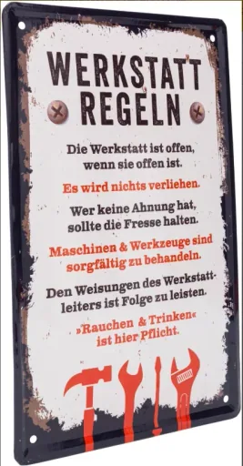 Blechschild "Werkstatt-Regeln"