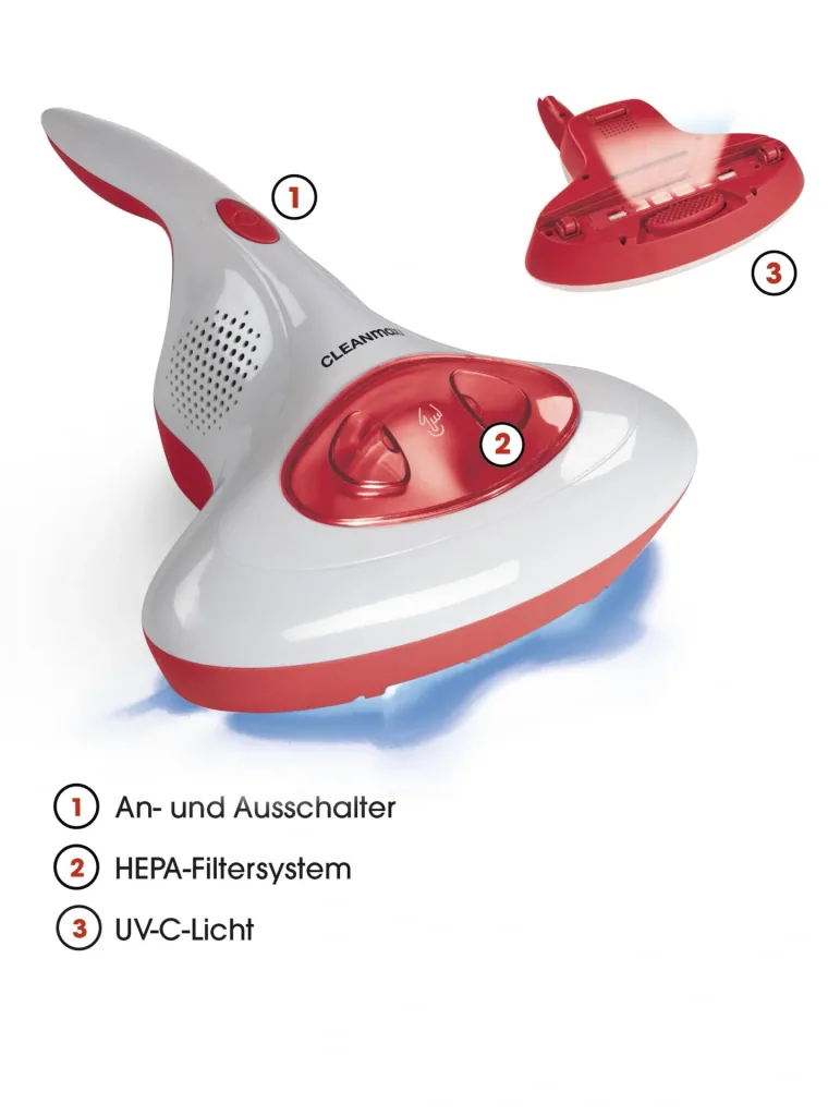 Akku-Milben-Handstaubsauger mit UV-C-Licht 14,8V rot/weiß