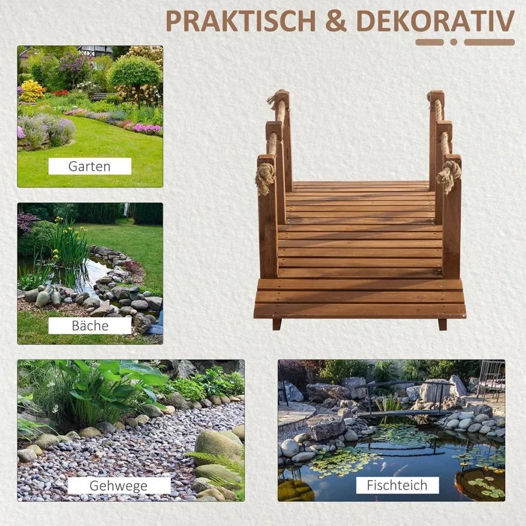 Gartenbrücke 1,5 m Holzbrücke begehbar Holzsteg Teichbrücke Zierbrücke mit Geländer Seil bis 200 kg Massivholz Natur
