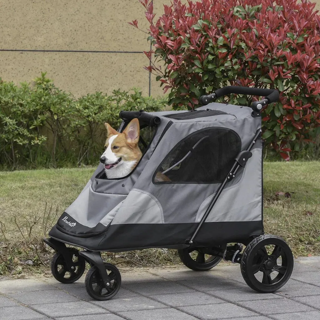 Hundebuggy Hundewagen mit 4 Räder Haustierbuggy für mittelgroße Hunde faltbar Oxford Grau 104,5 x 68,5 x 110 cm