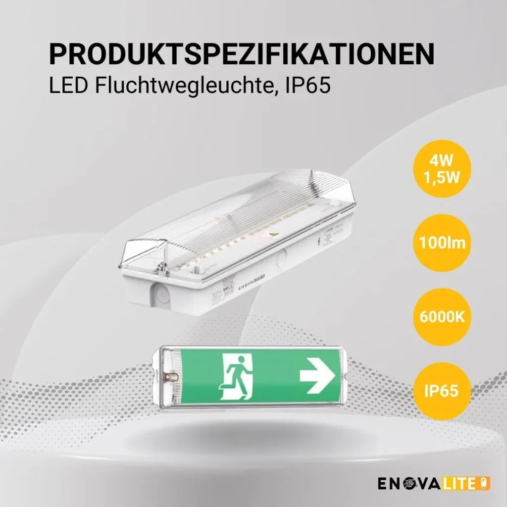 LED-Fluchtwegleuchte, Notausgang mit Notstromeinheit bietet eine TEST-Funktion, Wandmontage & IP65 Schutz