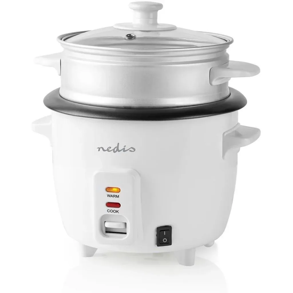 Nedis Reiskocher Abnehmbare Pfanne 0,6L Dämpfkorb Glasdeckel Inkl. Messbecher und Schöpfkelle 300W Weiß