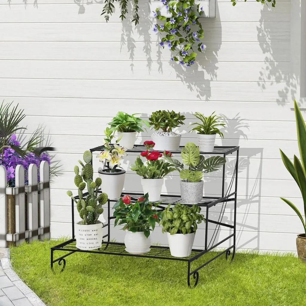 Blumenregal aus Metall 3 Stufen Pflanzenregal für innen und außen Garten Balkon Schwarz 95 x 63 x 72 cm