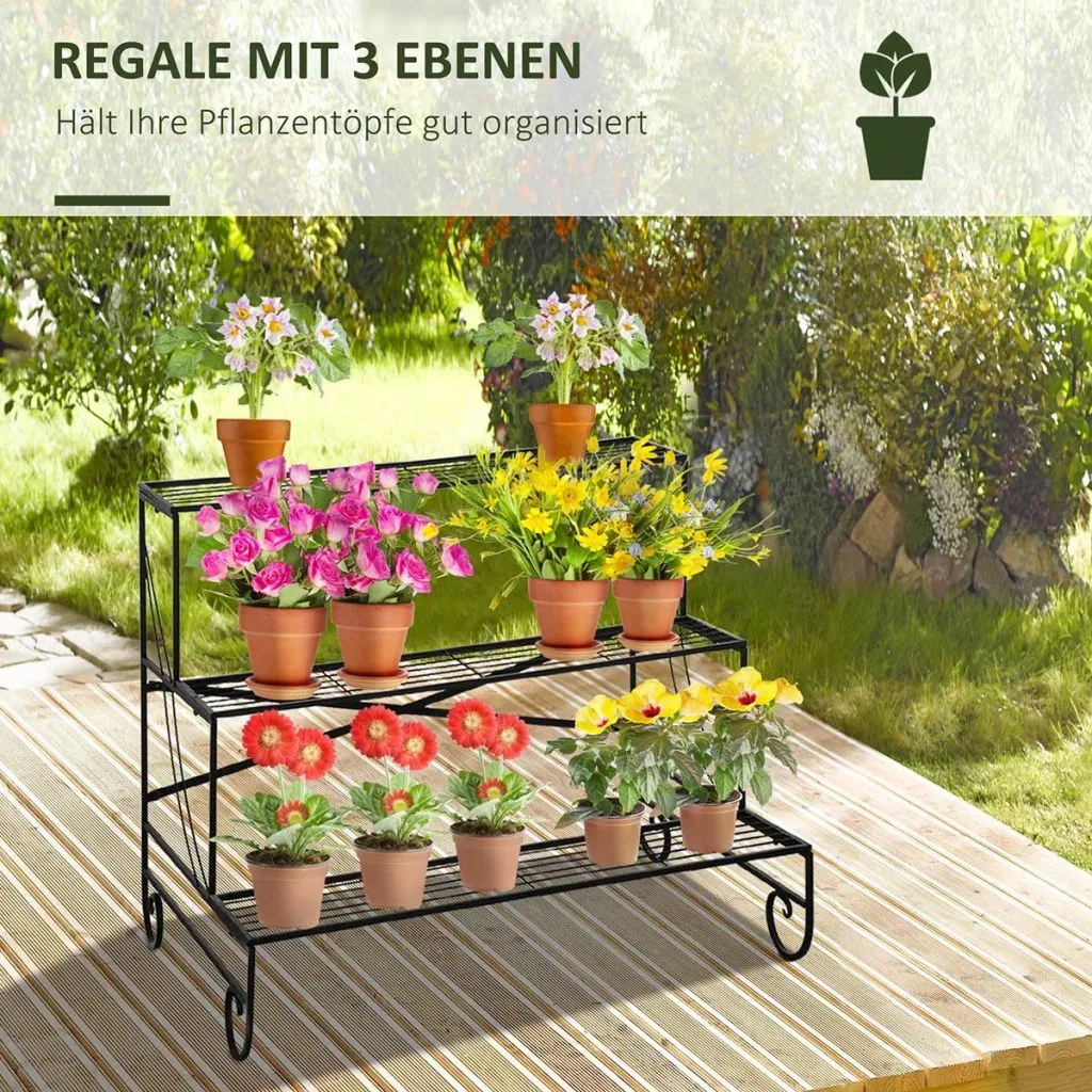 Blumenregal aus Metall 3 Stufen Pflanzenregal für innen und außen Garten Balkon Schwarz 95 x 63 x 72 cm