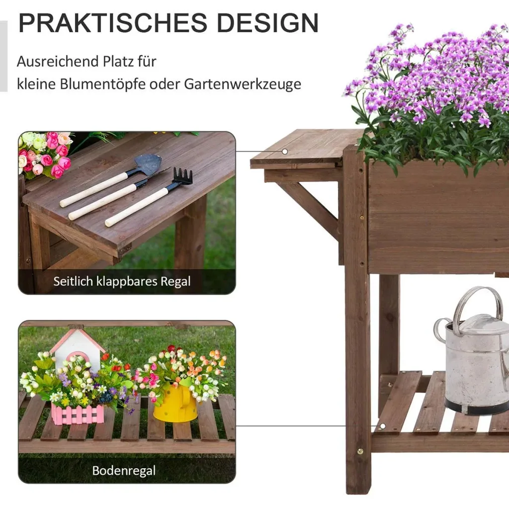 Hochbeet Pflanzkasten mit 8 geteilten Gittern faltbare Ablage Blumenkasten Blumentopf Kräuterbeet Massivholz Braun 123 x