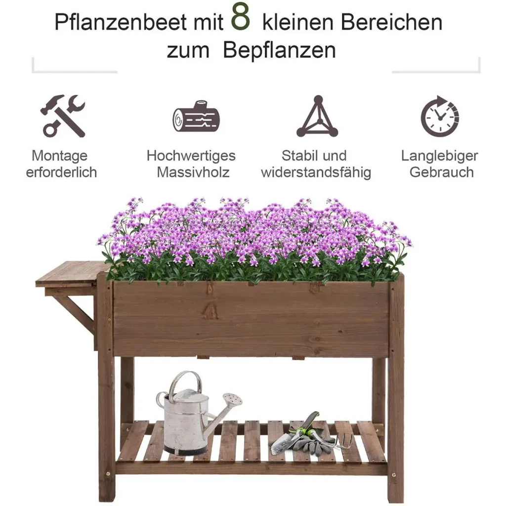 Hochbeet Pflanzkasten mit 8 geteilten Gittern faltbare Ablage Blumenkasten Blumentopf Kräuterbeet Massivholz Braun 123 x