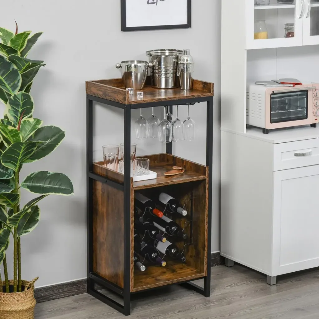 Weinregal 9 Flaschen-Weinschrank Flaschenregal mit 2 offenen Regalen und Glashalter Schwarz+Braun 52 x 40 x 113 cm