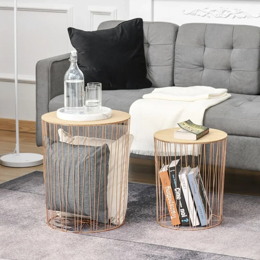 Beistelltisch mit Stauraum 2er Set Metall Korb mit Holzdeckel Nachttisch Natur+Rosa Gold Ø40,7 x 49,5 cm Ø33,8 x 40,8 c