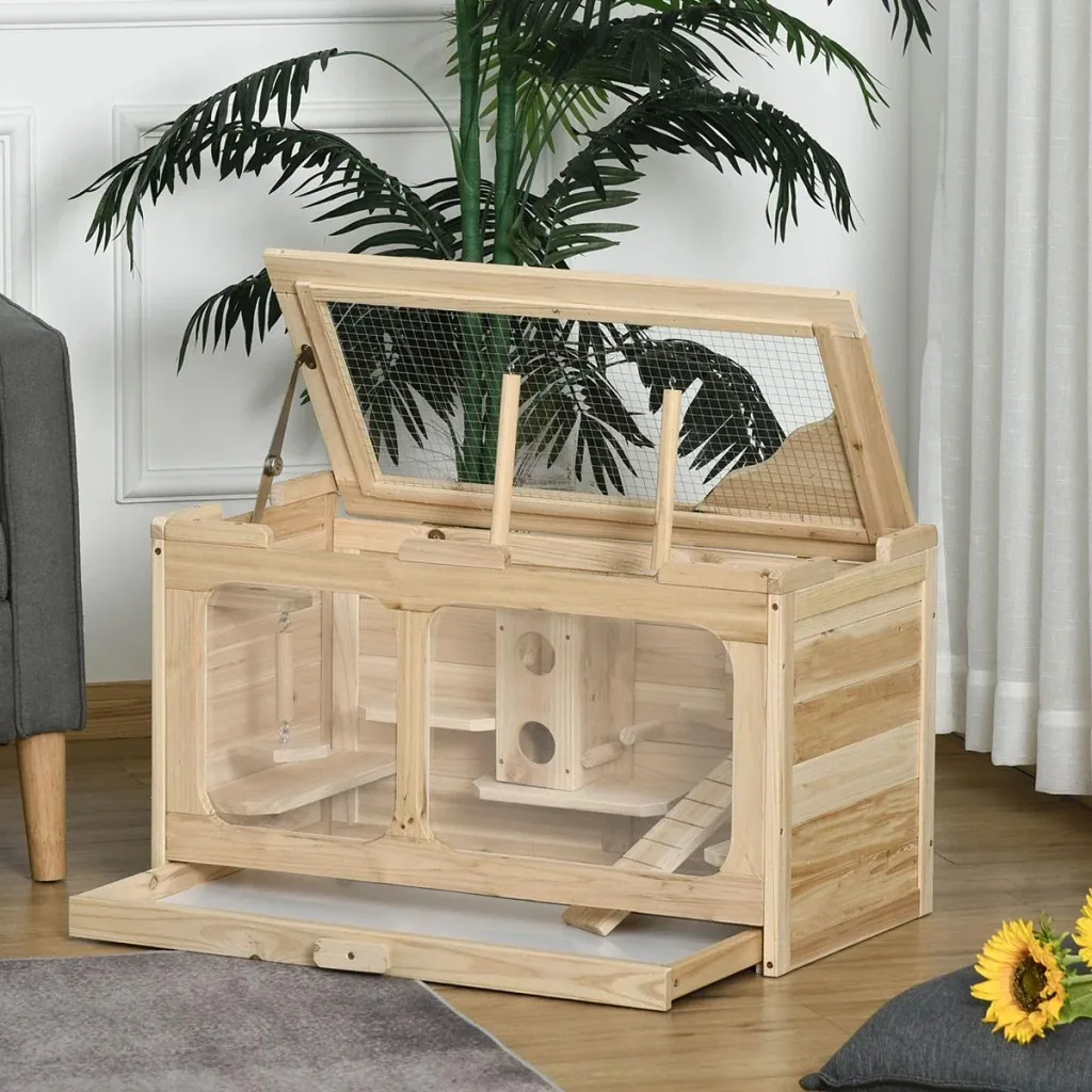 Hamsterkäfig Holz Nagerkäfig Mäusekäfig mit Rampe Schaukel Nagervilla Oben aufklappbar Massivholz PS Natur 78 x 40 x 44