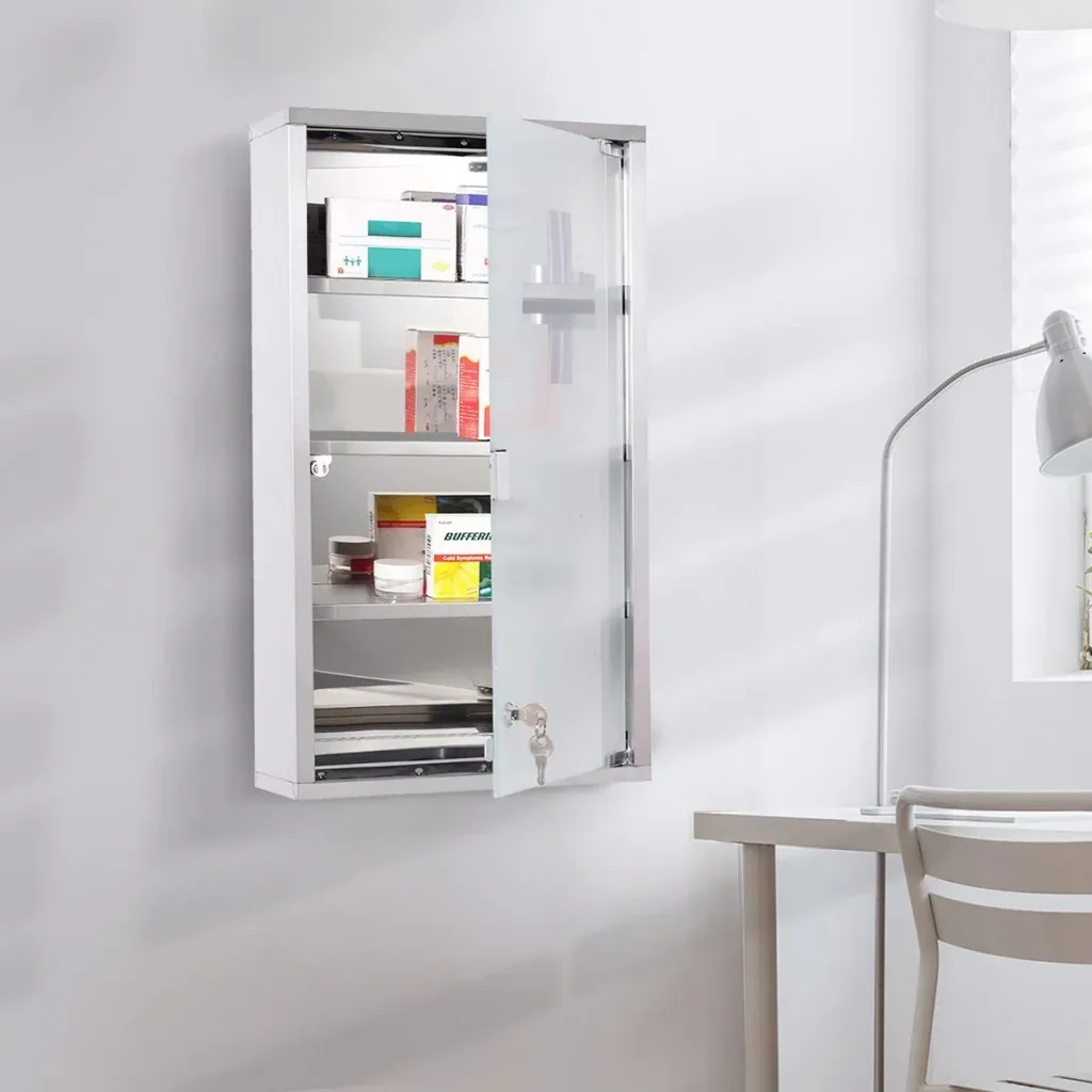 Medizinschrank mit 4 Fachböden silber