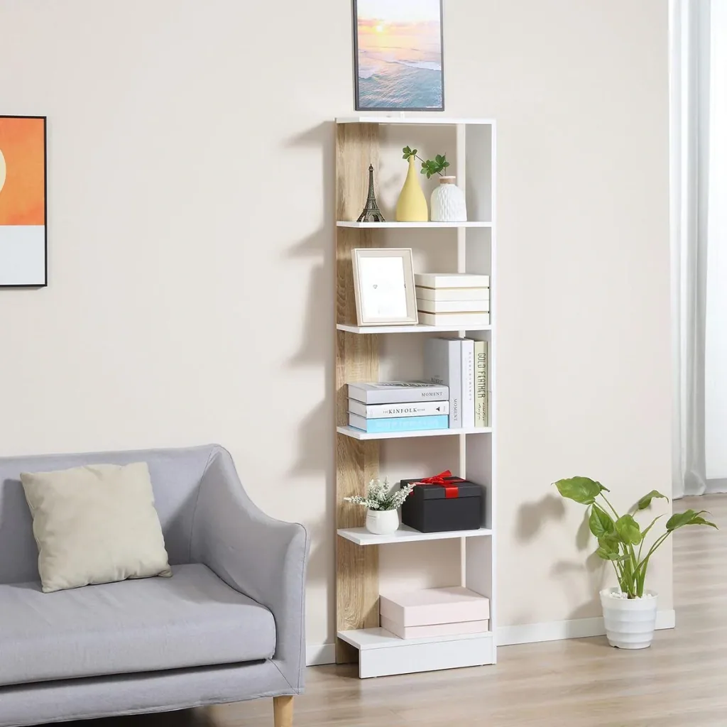 Standregal Bücherregal 5-stufiges Büroregal Lagerregal Aktenregal Küchenregal Spanplatte Eiche+Weiß 45 x 21 x 170 cm
