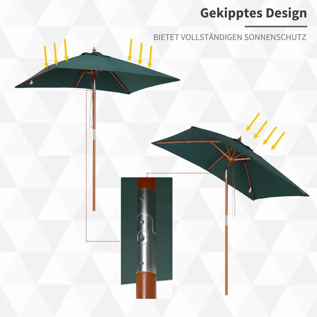 Sonnenschirm Knickbarer Gartenschirm Strandschirm 3-stufig einstellbar Tannenholz+Polyester Grün 200 x 150 x 230 cm