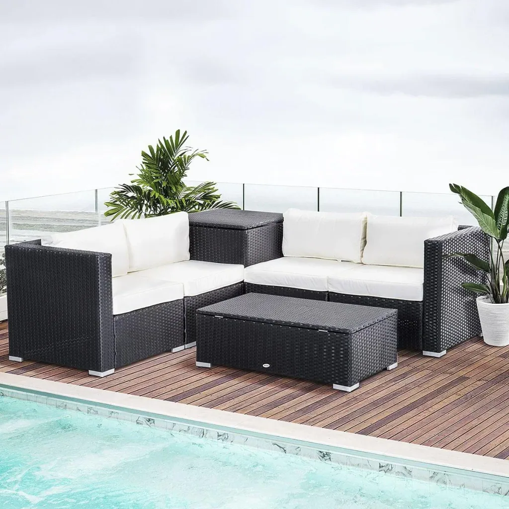 6-teiliges Polyrattan-Gartenmöbelset mit Kissen, Lounge-Tisch mit Ablage, Stahl, luxuriöses Schwarz und Creme