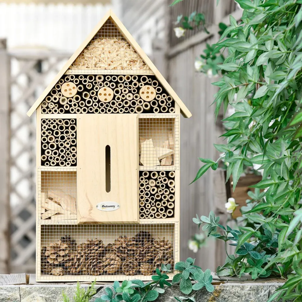 Insektenhotel Insektenhaus mit 5 Etagen Metallgitter Bienenhotel aus natürlichen Materialien für Käfer Bienen Wespen und