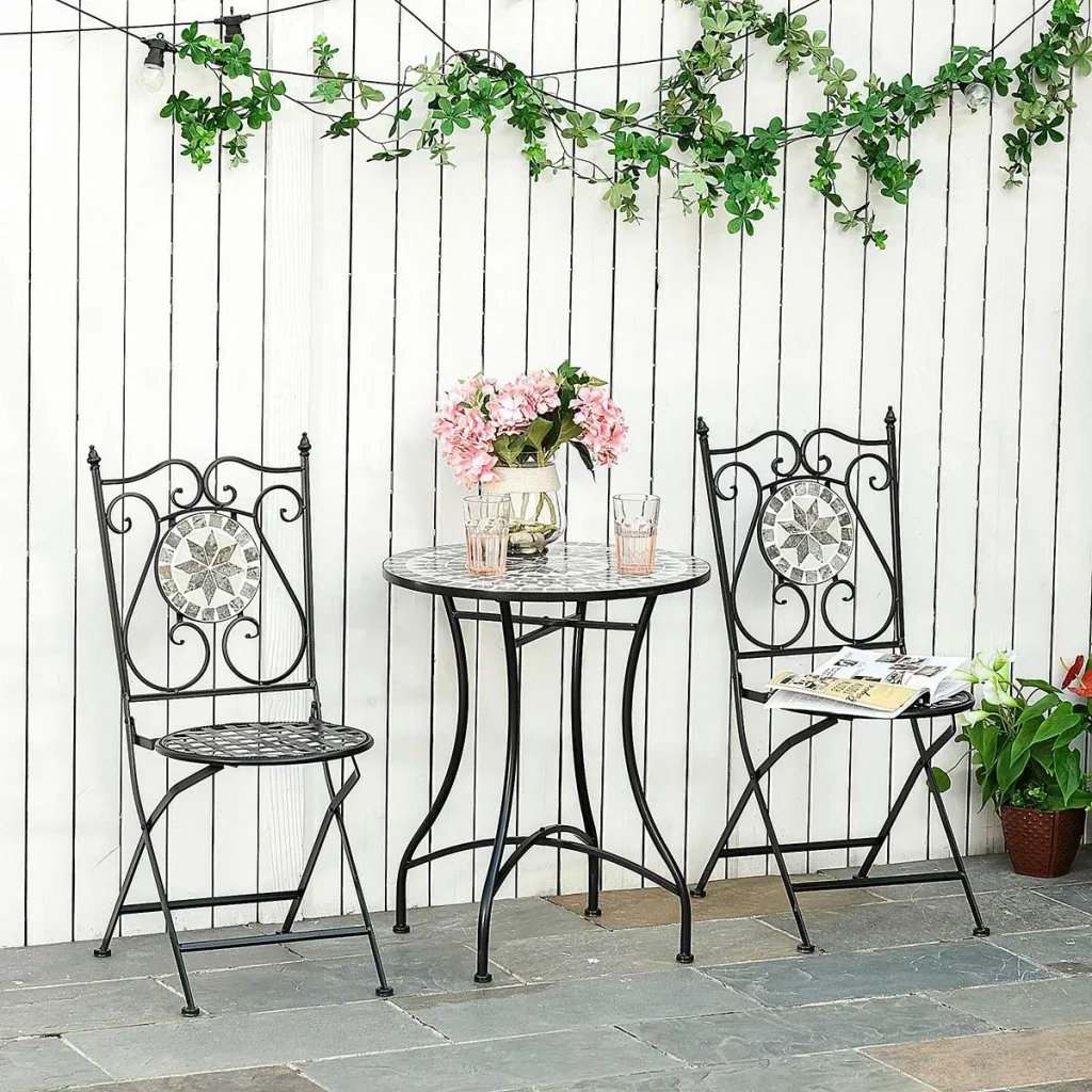 Garten Sitzgruppe 3-teilige Mosaiktisch Essgruppe Gartenmöbel-Set 1 Tisch+2 faltbare Stühle Garten Metall Keramikfliese