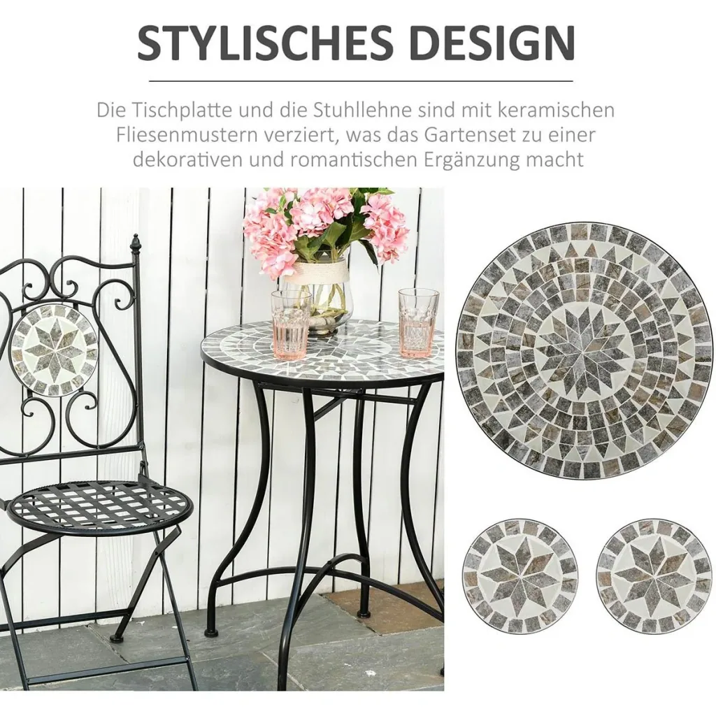 Garten Sitzgruppe 3-teilige Mosaiktisch Essgruppe Gartenmöbel-Set 1 Tisch+2 faltbare Stühle Garten Metall Keramikfliese