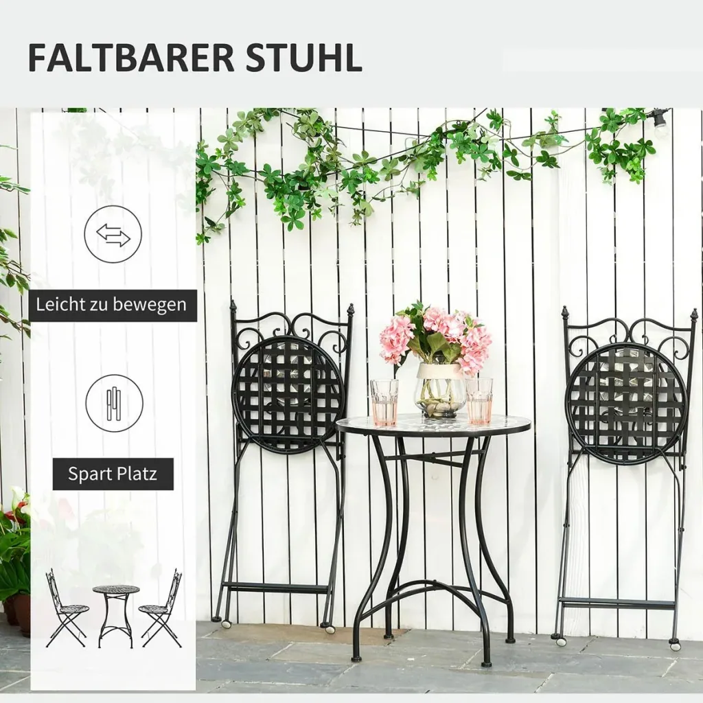 Garten Sitzgruppe 3-teilige Mosaiktisch Essgruppe Gartenmöbel-Set 1 Tisch+2 faltbare Stühle Garten Metall Keramikfliese